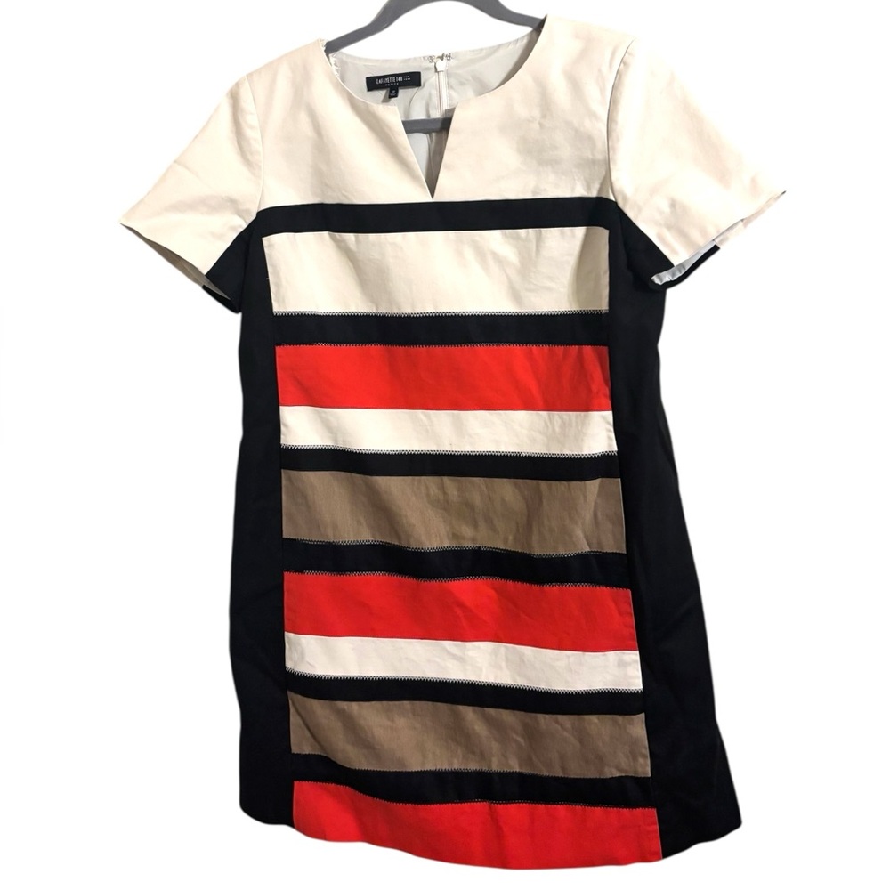 Lafayette 148 Cream Red Black Striped‎ Shift Dress Size 12 Petite